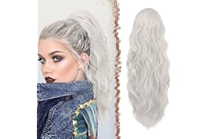FESHFEN Coleta Postiza con Cordón Cola de Caballo Extensiones Coleta Ondulada Largas Rizado Gris Plata Postizos de Pelo Sintética para Mujeres, 45 cm