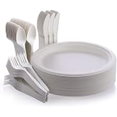 Fuyit 200 Pieces Sugar Cane Paper Plates Tableware, Includes 50 Plates, 50 Forks, 50 Knives and 50 Spoons for Party, Wedding,
