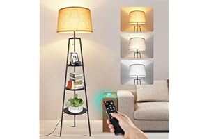 OUTON Lampada da Terra Treppiede, Lampada da Terra Salotto con Telecomando, 4 Temperature di Colore, Funzione di Memoria, Dimmerabile Piantana con 3 Ripiano per Camera, Ufficio, Nero
