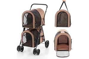 COSTWAY Double Couche Poussette pour Chien Chat Animaux, 2 Cages Détachables avec Porte Avant et Arrière, Roues Pivotants Universelles, Poussette de Voyage pour Animaux pour Twin ou Multiple (Beige)