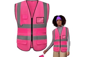 VTYTZZ Rose Xl Gilet De Sécurité Avec Poches Et Fermeture Éclair,Gilet Fluorescent De Sécurité,Gilet De Securite Reflechissant,GiletFemme,Gilet Reflechissant,Pour Femmes Adultes, Hi Viz Gilet Avec Zippé