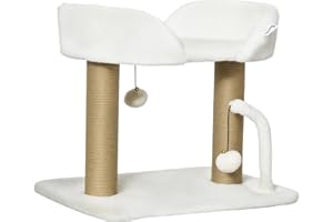PawHut Arbre à Chat grattoir Design avec Jeu 2 Pompons Suspendus 2 poteaux sisal + Plateforme Peluche - 48 x 38 x 42 cm - sisal Beige