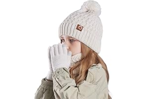 LANCRY Set invernale per bambini, con cappello, sciarpa e guanti, caldo berretto termico lavorato a maglia, scaldacollo e guanto touchscreen, con morbida fodera in pile, per ragazze e ragazzi, età 4-10 anni