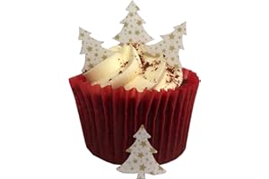 TOP THAT Lot de 50 décorations de gâteaux en papier comestible - Prédécoupées - Motif : Sapin de Noël - Petites étoiles dorées - Idéales pour les cupcakes de Noël ou comme décoration de table