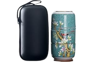 fanquare Tazza da Tè da Viaggio Vintage con Infusore, Servizio da Tè con Albero e Uccello, Tazza Portatile in Porcellana con Borsa, Verde Scuro