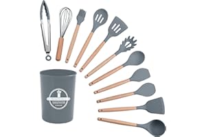 HOMESOFT Lot Ustensiles de Cuisine, 12 pièces, Silicone et Bois (Gris)