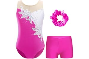 TTAO Ensemble de Gymnastique Enfant Fille Justaucorps sans Manches avec Shorts et Bandeau Tenue de Patinage Artistique Dancewear 5-16 Ans