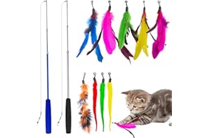 Fousenuk Giochi Interattivi per Gatti, Confezione da 12 Gioco Gatto Casa interattivo, Giocattoli Gatti Piccoli Gattini, Misura Dell'Asta 31cm Estesa 83cm, Corda 54cm, con Campana Piume, Ciondolo Bruco