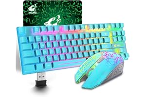 LEXONELEC Wireless Gaming Keyboard and Mouse, 87 Keys Rainbow LED Backlights Rechargeable 3800mAh Battery Mechanical Feel Anti-Ghosting US Layout Ergonomic Waterproof RGB Mouse (Blue)