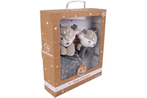 DODO D'AMOUR - Coffret Doudou Carré et Hochet - Biche - 012192 - Gris - Alvéolé - Naissance - Peluche - Bébé - 29 cm x 22 cm - À Partir de 0 mois