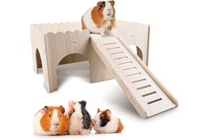 WANDGU Duży domek dla świnek morskich z rampą, 4 wejścia: 38 x 24 x 24 cm, drewniany zamek dla królików, akcesoria do domku dla królików, zamek dla świnek morskich, naturalne lite drewno dla szczurów