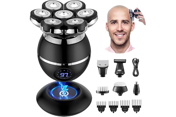 ETENTOUS Rasoir Tete Chauve Homme, 7D Rasoir Électrique Homme- 6 en 1 Tondeuse Crane Chauve- Humide/Sec Étanche IPX7 Pour Hommes Chauves Avec Écran LED.