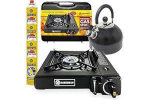 BARGAINS-GALORE 3 In 1 Camping Starter Kit - Includes Gas Stove, 4 Gas Bottles & 2.5L Kettle | Premium Burner, Automatic Ignition & Heat Control | Suitable for Fishing, Camping & Hiking | Lightweight, Essentials