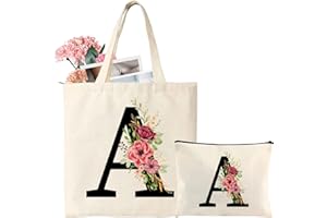 Tarklanda Initial Canvas Tote Bag, Personalized Present Bag with Floral Makeup Bag, Suitable for Wedding, Birthday, Beach, Holiday, Great Gift for Women, Mom, Teachers, Friends, Bridesmaids(A)