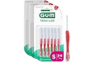 GUM TRAV-LER cepillos interdentales | mango flexible | higiene eficaz entre los dientes y eliminación de la placa | 0.8mm, ISO 1 | Tamaño S | Paquete de 3x6