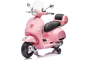 Mondial Toys Moto Elettrica per Bambini 12V con Licenza Ufficiale Vespa Piaggio – Modello GTS Super, Luci LED, MP3, Sedile in Pelle, Bauletto – Rosa