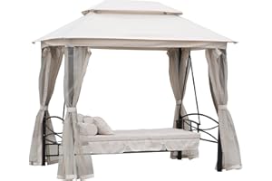 ‎OUTSUNNY Outsunny Hollywoodschaukel Gartenschaukel Schaukel mit Seitenwänden 3-Sitzer Beige 256 x 172 x 248 cm