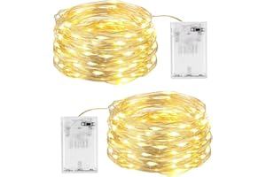 SHUBEIEUMI 2 x Cadena de Luces con Pilas, 10 Metros 100 LED Plata Alambre, 2 Modos de Iluminación, para Navidad Guirnalda Jardín, Habitación, Terraza,Pared,Cortina（Blanco cálido）