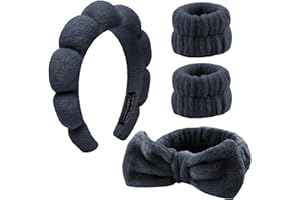 WUPENGZON 4 Stück Haarband Kosmetik,Spa Stirnband Make Up Schwamm Set Damen, Hautpflege Stirnband Waschen Gesicht Wristband Set Für Frauen Schönheit Mädchen Yoga Sport Dusche Make-up-Entfernung (Schwarz)