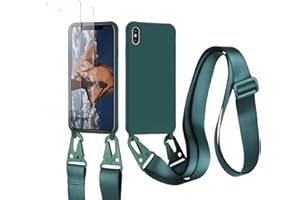 vrupin kompatibel mit iPhone X/XS Handykette Hülle,[2 Stück Schutzfolie 9H Härte Gehärtete Folie].Necklace Hülle Nylon Schultergurt Weich Flüssiges Silikon-Dunkelgrün