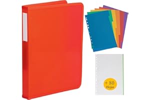 QE'MONO Archivador 4 anillas plastico incluye 80 folios de recambio y 6 separadores. Carpeta para fundas plastico a4 y folios. Archivador de tapa semirrígida. Carpeta archivadora liviana y resistente.