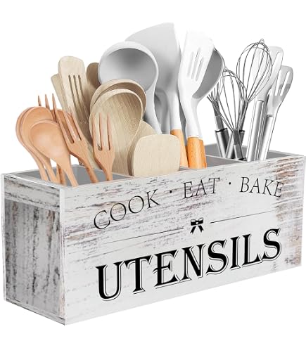 Porte-ustensiles En Bois à 3 Compartiments - Fond Drainage, Poignées - Style Rustique Blanc Pour Rangement Cuisine - 2