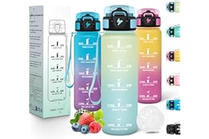 Motswedi Gourde Enfant, 500 ml, Anti-Fuite, Gourde Sport, avec Marqueur de Temps, Bouteille d'eau, Réutilisable, Sans BPA, Bouteille pour École, Sport, Yoga, Fitness, Randonnée, Blanc Cassé Bleu Clair