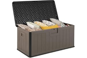 GOPLUS Coffre de Jardin Exterieur Etanche 378L,Coffre Exterieur Etanche HDPE Verrouillable Vérin à Gaz, Poignée, Banc 2 Personnes,Charge 200KG pour Balcon Piscine (Maron+Noir,130x64x59CM|378L)