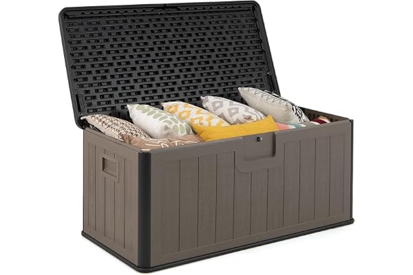 GOPLUS Coffre de Jardin Exterieur Etanche 378L,Coffre Exterieur Etanche HDPE Verrouillable Vérin à Gaz, Poignée, Banc 2 Personnes,Charge 200KG pour Balcon Piscine (Maron+Noir,130x64x59CM|378L)