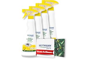‎HEITMANN PURE HEITMANN pure Reine Citronensäure | Leistungsstarkes Entkalker-Spray für Küche & Bad | Lebensmittelsauber | Entfernt Kalk & Verfärbungen auf Oberflächen & Armaturen | 4 x 500 ml + GRATIS Duftbaum