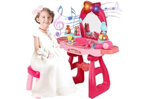 Calager Kids Dressing Table Set, Musical Role Play Vanity With Mirror, Light - Pretend Play Toy Makeup Table and Chair for Girl (Pink)