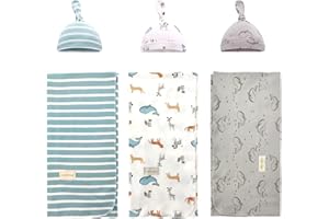 MIRACLE BABY 3 Pack Baby Swaddle Blanket 90×90cm with 3 Hat Set, Soft Knitted Cotton Receiving Blankets, Swaddle Wrap for Newborns Infants Babies (Whale+Elk+Green stripes)