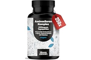 ‎BLOOM NATURALS BEAUTY SUPPLEMENTS Aminosäuren Komplex Hochdosiert - 250 Tabletten - 6105 mg pro Tagesportion mit 9 Essentiellen Aminosäuren + Glycin, Taurin & Carnitin - Protein Kapseln - Vegan & produziert in Deutschland