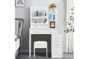 Saimeihome Dressing Table with Hollywood Mirror and Adjustable Lights, Makeup Vanity Table with Drawers and Chair, White Vanity Desk for Women