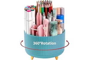 DEYAAH Pencil Pen Holder for Desk, 5 Slots 360°Degree Rotating Pencil Pen Organizers for Desk, Desktop Storage Stationery Supplies Organizer, Cute Pencil Cup Pot for Office, School, Home, Art Supply (Blue)