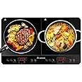 Aobosi Double Induction hob,Induction Cooker with Portable Black Glass Plate, Independent Control,One-click Max and Min Power Control 2800W,20 Temperature Setting[Upgrade],Safety Lock,4-Hour Timer