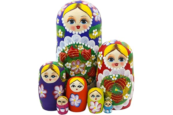Winterworm - Lot de 7 Poupées Russes Nesting Dolls Matryoshka en Bois avec Motifs Baies et Fleurs