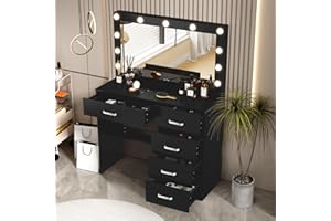 LIANWANG Black Vanity Dressing Table, Large Makeup Mirror with 3 Color Lights and Brightness Adjustable, 5 Storage Drawers Vanity Set, Desk for Girls and Women, 130x80x36cm