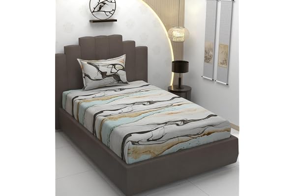 TIB Glace Cotton Elastic Fitted Bedsheets Single Bed 36x78x8 Inches with 1 Pillow Covers, 210TC (Gray & Black, Single)