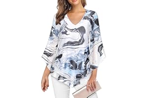 Gemulate Womens Blouse Ruffle 3/4 Sleeve Blouses for Women V Neck Chiffon Tunic Tops Double Layers Mesh Shirts
