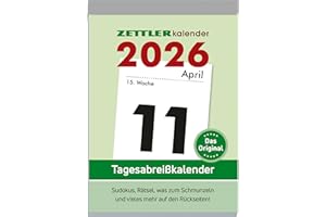 ‎ZETTLER Zettler Tagesabreißkalender XXL 2026 – Abreißkalender 10 × 14 cm, 1 Tag pro Seite mit Sudoku, Rezepten, Rätseln & Tipps auf den Rückseiten, FSC-zertifiziert