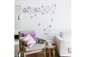 Tanlaby Fiori viola Vine Adesivi Murali Fiori Viticci Adesivi da Parete Farfalla Stickers Muro Removibili Per Camera da Letto Soggiorno Divano TV Decorazione Parete