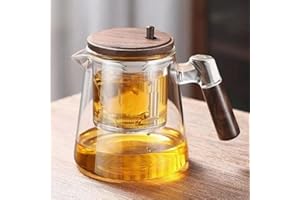 JanYoo One-Touch dzbanek do herbaty szklany z sitkiem, 750 ml, zaparzacz do herbaty, Magic Tea Maker z sitkiem ze stali nierdzewnej i uchwytem z drewna orzechowego (przezroczysty)