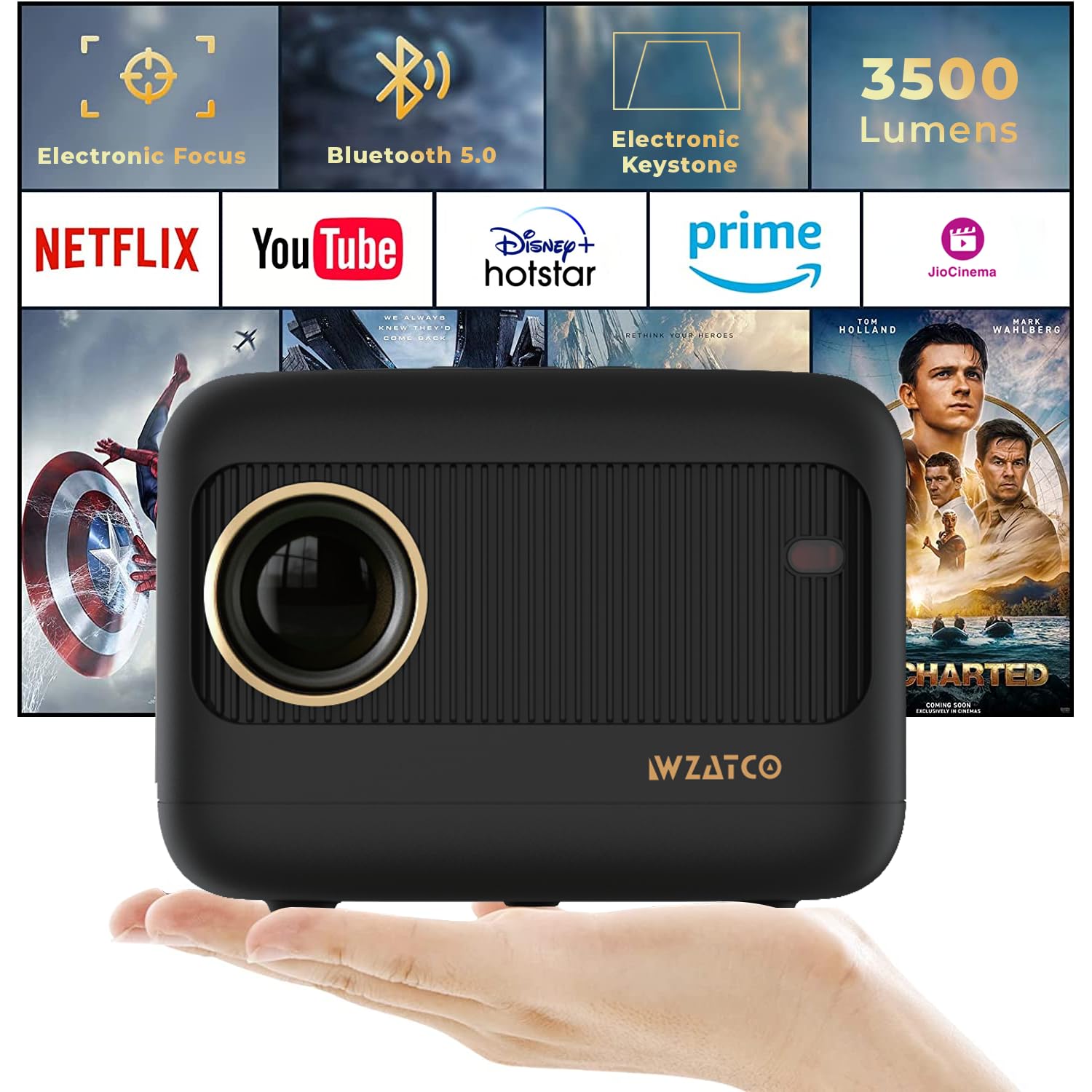 WZATCO Eve | Portable 720P Native Projector for Home | 1080P Full HD Support | Electronic Focus | Bluetooth 5.0 | 3500 lumens