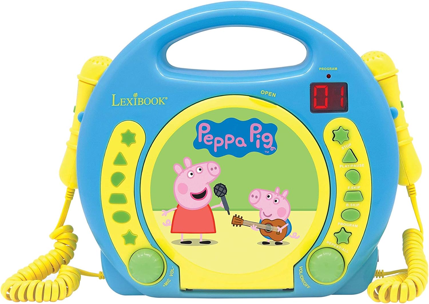 Lexibook, Peppa Pig, Reproductor de CD portátil con micrófonos, Reproductor de música, Repetición y programación, Karaoke, Toma de Auriculares, Azul/Amarillo, RCDK100PP