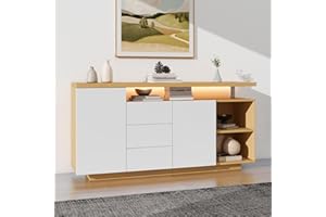 Jaxenor Sideboard Buffet Table Storage Cabinet with 2 Door 3 Drawer 2 Open Space for Living Room, Bedroom, Office, Kitchen, 140x40x76 cm, 16 Colors LED Celing Light, USB Powered (White+Oak)
