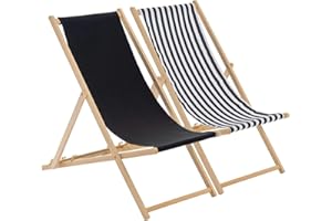Harbour Housewares 2 Piece Black & Black Stripe Wooden Deck Chair Traditional FSC Wood Folding Adjustable Garden/Beach Sun Lounger Recliner