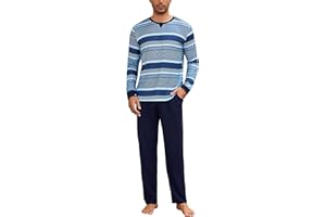 Bresdk Pijama Hombre Invierno Algodón Largo Conjunto de Pijamas Hombre Manga Larga y Pantalones Ropa de Dormir a Rayas Cuello Redondo Suave y Cómodo S-3XL
