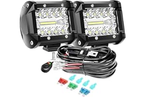 PICAA 2 Pieces 4 Inch 60W LED Work Light with Wiring Harness Kit, 12V 24V 6000K White Led Light Bar Waterproof Offroad 4x4 Truck SUV ATV Tractor Car Driving Fog Lamp