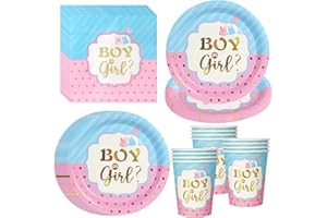 PYAILI Lot de 52 pièces bleu et rose Assiettes, gobelets et serviettes pour baby shower et anniversaires, pour 16 invités